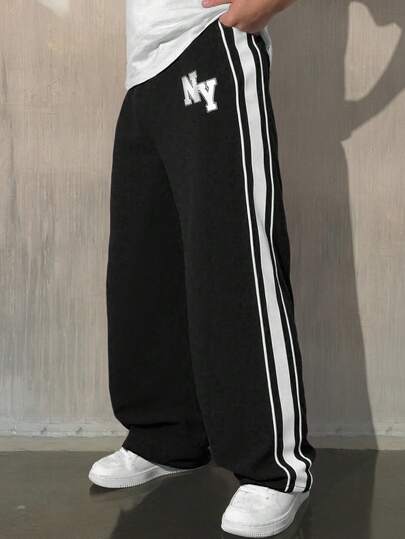 Coolane Tween Boys 1 件 Tween Boy 休闲运动刺绣图案拼接织带抽绳腰部宽松直筒纯色裤子，适合通勤、上学、日常休闲、旅行、运动、春夏/秋冬