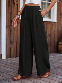 LanaWest Women's Solid Color High Waist Pleated Loose Straight Leg Casual Pants