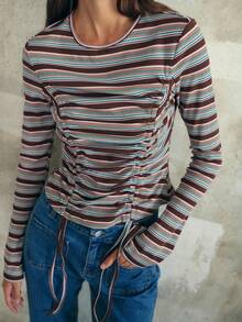 Nöista Brown Striped Long-Sleeve Top With Ruched Sides And Adjustable Drawstrings, Featuring A Fitted Silhouette That Makes It Perfect For Chic And Elegant Casual Wear, Ideal For Winter, Christmas-Season Styling And Modern New Year Looks. - Pink - View 5