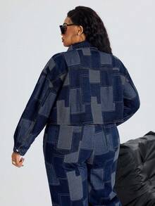 SHEIN SXY Áo khoác ngắn tay denim màu xanh dương không co giãn dành cho nữ cỡ lớn mùa đông, kiểu cao bồi mùa hè. - Rửa tối - Xem 2