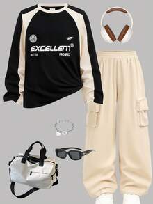 Girlism Tween Girl Color Block Pullover Top And Cargo Pants Set, Boys Back-To-School Jogger Sweatpants Sets, Tween Girl Cow Boy Beige Autumn School Fall Winter Set - Multicolor - View 15