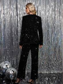 Gownix Women's Elegant Solid Color Sequin Shiny Cardigan & Pants 2 Pieces Set, High-End Slimming, Suitable For Party, Gathering And Multiple Occasions Black Sequin Two Pieces Set Women Sparkly Two Pieces Set 2 Pieces Pant Sets Women Women Black Sequin Set Black Sequin Pant Suit Women Sparkly Two Pieces Set Women Black Two Pieces Set Women Sequin Pantsuit Women Sequin Set Halloween Costumes