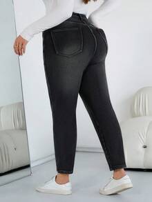 SHEIN PETITE CURVE 大码秋冬万圣节圣诞节国庆2000年代街头风生日机场商务休闲女装乡村复古低调老钱商务休闲女装工作教师女装保暖内衬牛仔裤休闲水洗高腰修身黑色牛仔裤女装大码水洗黑色牛仔裤弹力紧身牛仔裤舒适日常穿着 - 黑色 - 查看 2