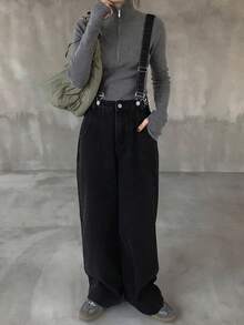 FRIFUL Women's Casual Denim Bib Pants With Pockets - Black - View 1