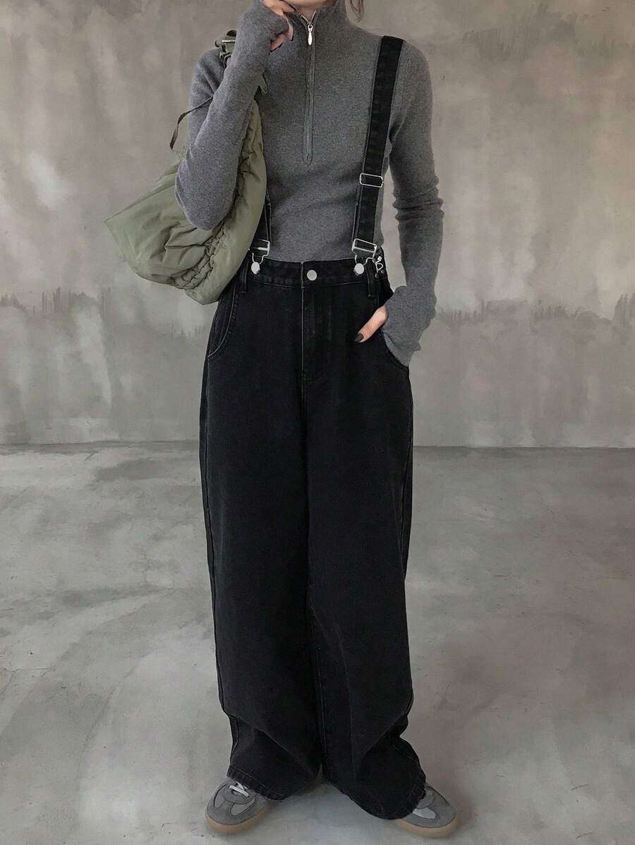 FRIFUL Women's Casual Denim Bib Pants With Pockets - Black - View 1