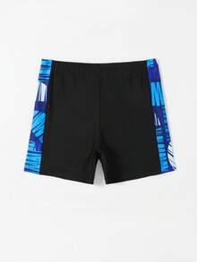 SHEIN Tween男孩 8-14歲側條紋幾何圖案快乾彈性泳褲，黑色藍色運動型夏季水上活動泳褲 - 黑色 - 查看 6