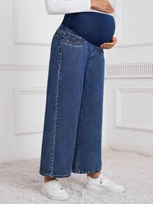 SHEIN Maternity Winter High Waist Wide Leg Loose Casual Versatile Jeans - Medium Wash - View 4