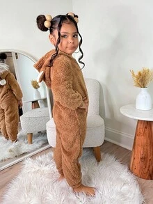 万圣节小女孩可爱熊连帽连体裤，保暖内衬，休闲家居服和外套，时尚可爱，秋冬