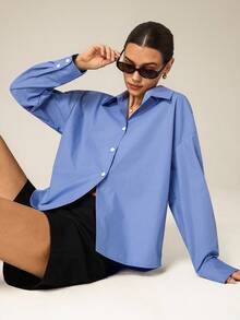 Hanevo 女式蓝色休闲运动 Polo 领简约衬衫 - 藍色 - 查看 6