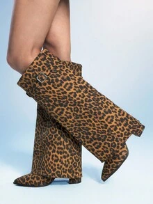 Sugerpunk Women's Buckle Closure Leopard Print Mid-High Heel Knee-High Boots - Multicolor - View 2