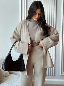 Firerie 女士优雅休闲度假通勤V领宽松腰部毛衣上衣和高腰阔腿裤毛衣套装，适合春秋冬季，休闲毛衣裤套装 - 杏色 - 查看 6