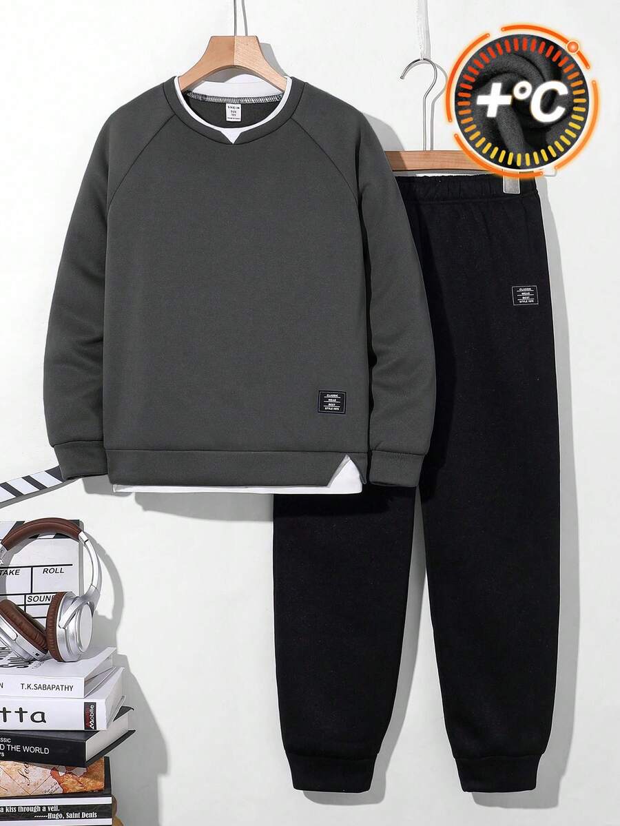 SHEIN 男童休闲二合一卫衣运动裤套装，冬季套装，冬季服装，秋季穿搭，秋季服装，儿童服装，黑色裤子 - 深灰色 - 查看 1