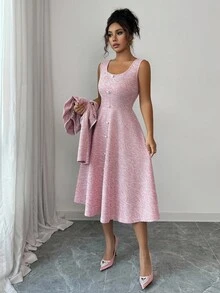 Elenzga 2 件套女士初秋约会装，适合返校，教师装，成熟优雅 OL 通勤商务休闲办公室风格，法式浪漫甜美韩版串珠收腰 A 字中长连衣裙和长袖短外套，粉色 - 粉色 - 查看 7