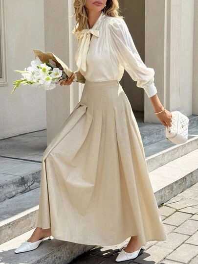 SHEIN Frenchy 女式纯色高腰优雅百褶中长裙，秋季