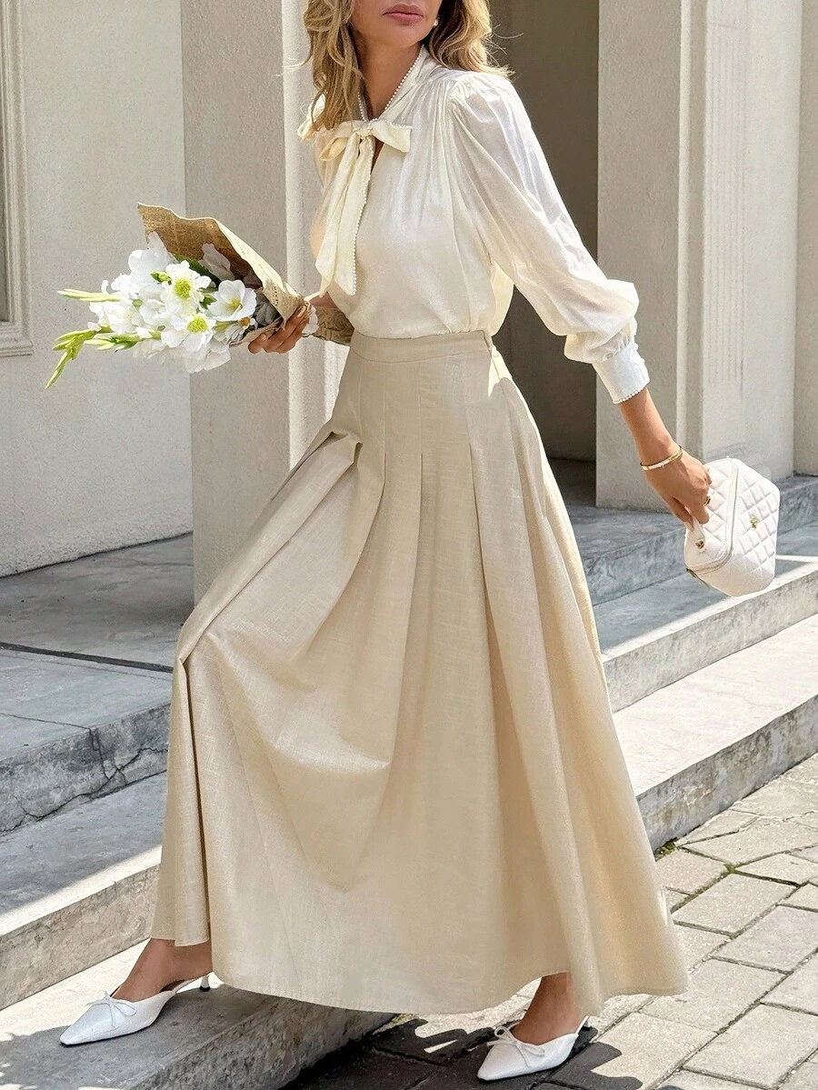 SHEIN Frenchy Chân váy midi xếp ly thanh lịch cạp cao màu trơn dành cho nữ, mùa thu - Màu be - Xem 1