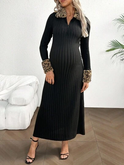 SHEIN 豹纹拼布兔毛针织孕妇装，复古优雅高端修身经典黑领连衣裙