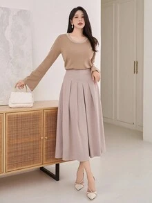 DAZY Suéter de cuello redondo con cuentas para mujer, otoño