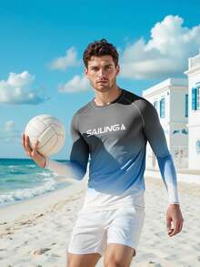 Manfinity Swimmode Men's Letter Print Ombre Raglan Long Sleeve Rash Guard Swim Shirt - Grey - View 1