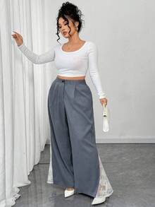 Elenzga 大码女式新款优雅通勤蕾丝拼接阔腿裤 - 淺灰色 - 查看 8