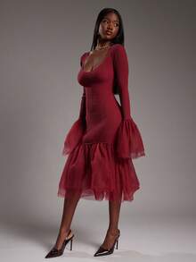 NYA SZN Đầm dài tay cổ chữ V ôm sát cơ thể cho dịp đặc biệt dự tiệc cưới, tiệc chiêu đãi, tiệc cưới, tiệc tốt nghiệp, váy dài đến giữa bắp chân, mùa hè dành cho nữ - Đỏ - Xem 6