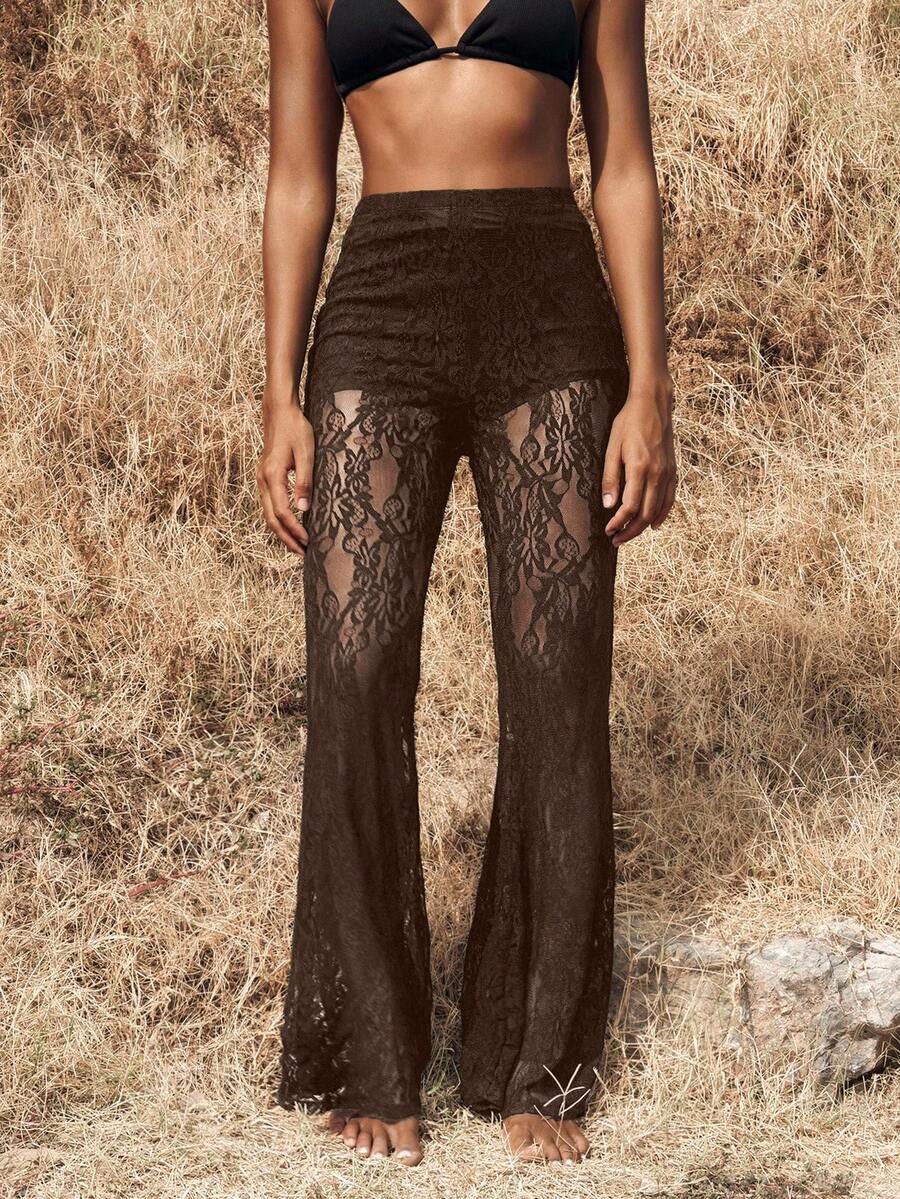 Opulessa Vacation Knit Lace High Waist Flare Pants For Women, See Through Pants, Elegant Style,Sxy, Night Out, Going Out, Halloween Costumes,Fall Winter - Coffee Brown - View 1