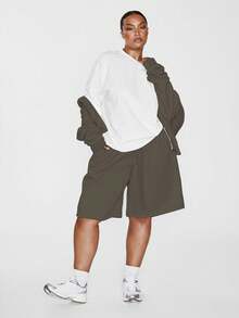 MUSERA 大码长款系带腰部慢跑短裤，适合度假、夏季、假日、优雅休闲的复活节穿着 - 卡其色 - 查看 1