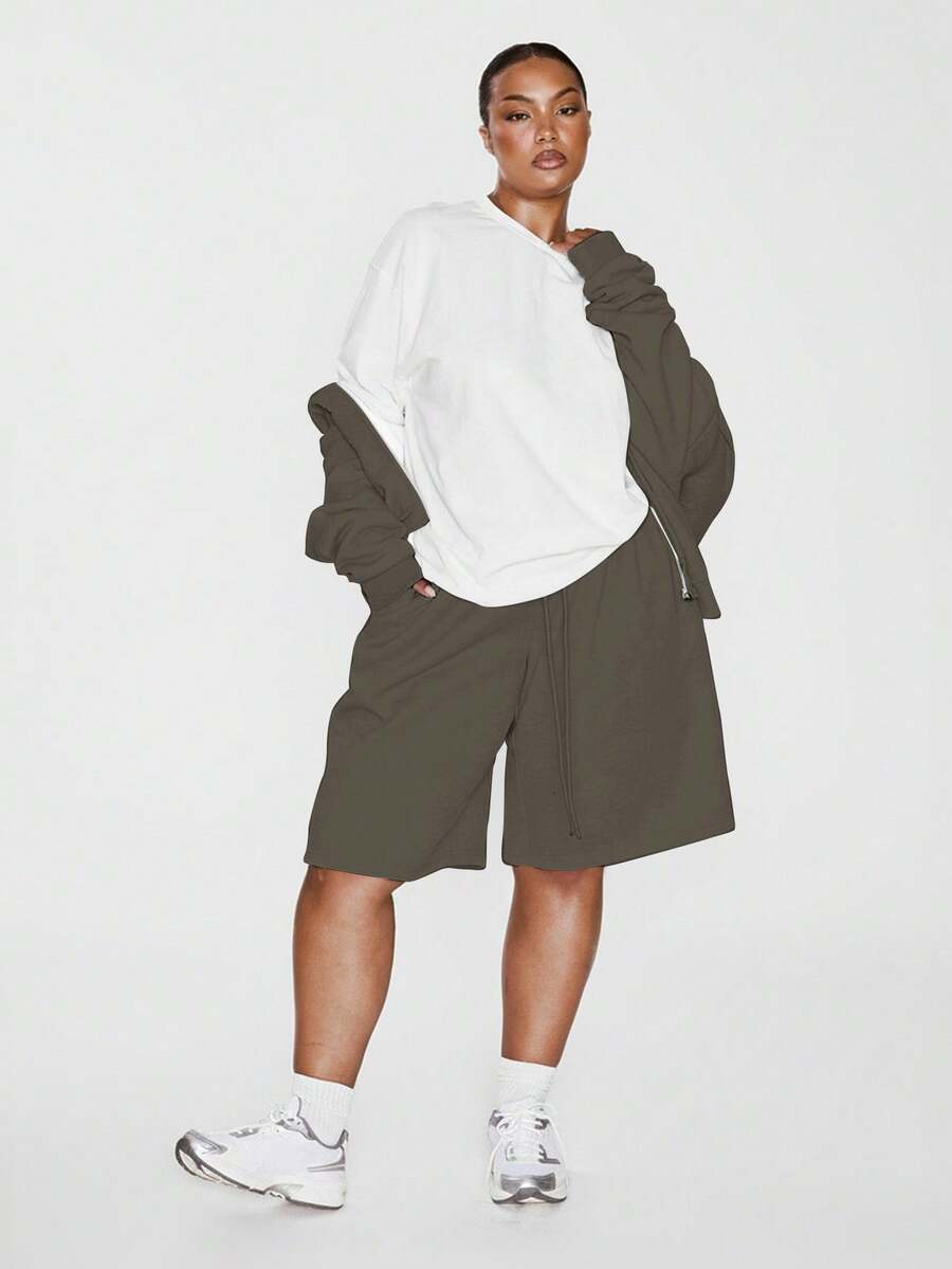 MUSERA 大码长款系带腰部慢跑短裤，适合度假、夏季、假日、优雅休闲的复活节穿着 - 卡其色 - 查看 1