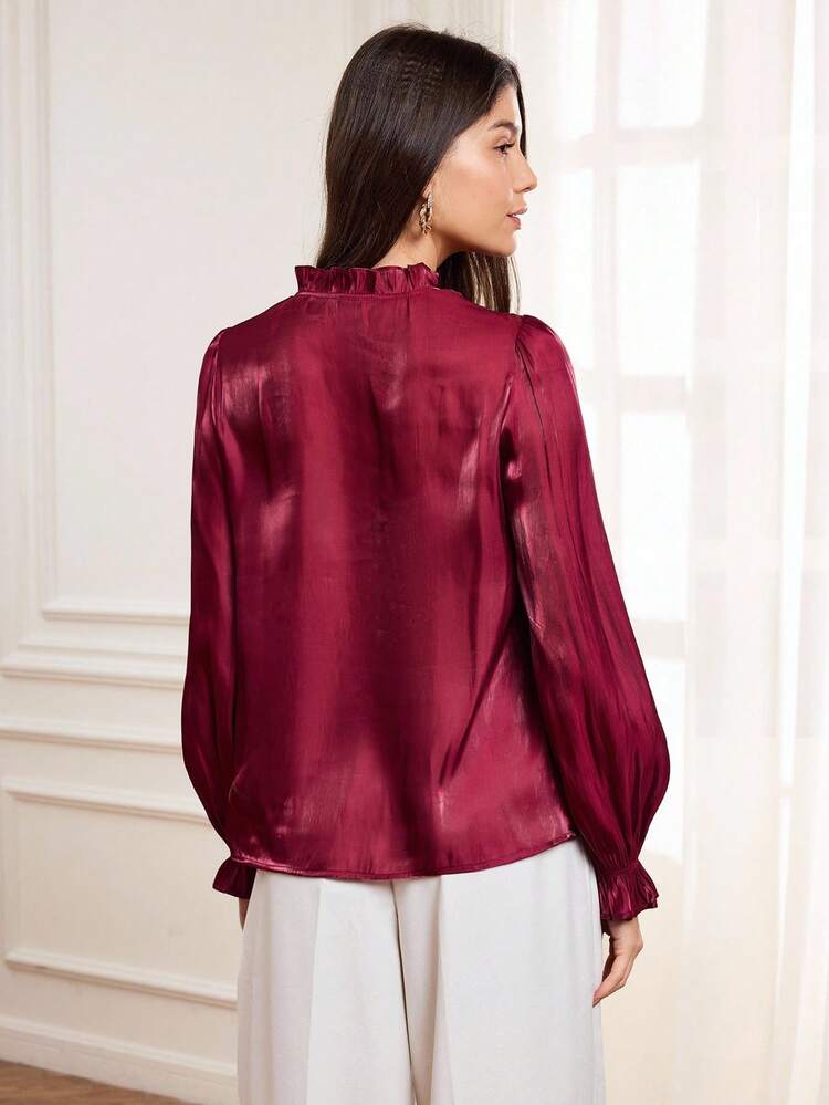 Elegant Burgundy Shirt For Women For Fall And Winter, Featuring A Ruffled Collar And Cuffs. This Elegant Party Shirt Features Delicate Pearl Buttons And A Glossy Burgundy Fabric. This Stylish Shirt Is Perfect For Going Out, An Elegant Party Top, Or A Wedding Guest Shirt.Women's Winter Shirt,Christmas Women's Clothing,Prom Shirt,Chic Women's Shirt, Red Shirt For Women