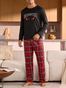 Manfinity Underwear&Sleepwear Basics Plus Size Men's Pajama Set (Long Sleeve Top And Pants, 2 Pieces) - Red - View 4