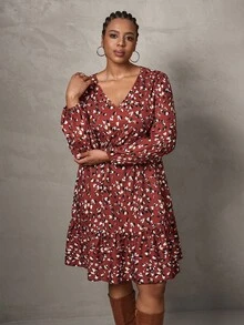 SHEIN Tall CURVE Plus Size Women Allover Print V-Neck Lantern Sleeve Ruffle Hem Casual Loose Dress - Orange - View 4