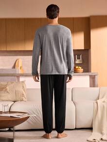 SHEIN Men's Cotton Crew Neck Long Sleeve Top & Pants Pajama Set, Fall Winter Clothes Men Lounge Set Sleep Wear Men