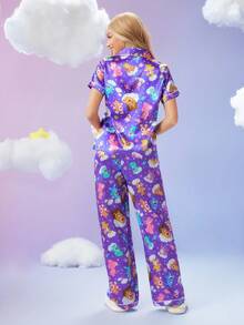 SweetSlumber X Carebears Women's Cute Cartoon Bear Print Satin Short Sleeve Top & Pants Pajama Set - Multicolor - View 2