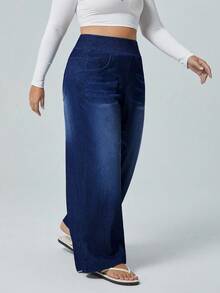 Flexra Plus Size High Stretch Knit Wide Leg Boyfriend Jeans - Dark Wash - View 6
