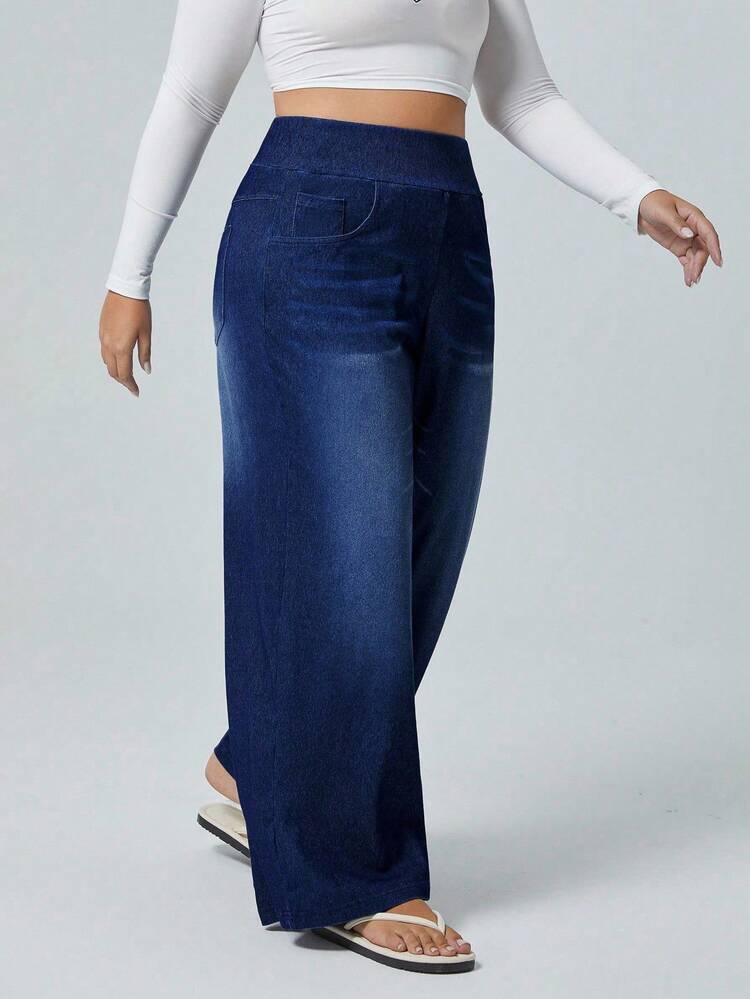 Flexra Jeans novio de pierna ancha de punto con alta elasticidad, talla grande - Azul lavado oscuro - Añade 6