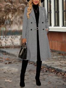 EMERY ROSE 女式千鸟格不对称领长袖双排扣口袋休闲羊毛混纺秋冬夹克 - 黑與白 - 查看 1