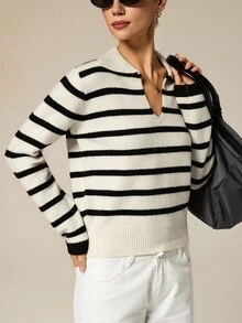 Áo thun dệt kim tay dài cổ polo kẻ sọc khối màu cổ điển, đa năng cho mùa thu/đông - Màu be - Xem 8