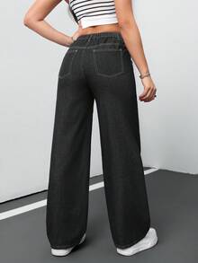 SHEIN Tall CURVE 女士加大码深蓝色宽松牛仔阔腿裤，夏季/7月4日美国独立日主题，适合上班、机场、度假、夜店等场合，高腰牛仔裤，复古/冬季风格 - 黑色 - 查看 2