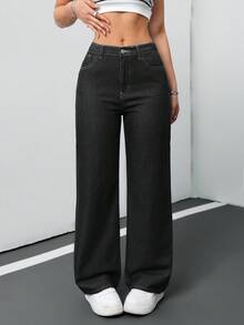 SHEIN Tall CURVE 女士加大码深蓝色宽松牛仔阔腿裤，夏季/7月4日美国独立日主题，适合上班、机场、度假、夜店等场合，高腰牛仔裤，复古/冬季风格 - 黑色 - 查看 3