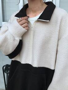 FRIFUL 女式宽松拼色仿羊毛Polo领长款连衣裙 - 黑與白 - 查看 6