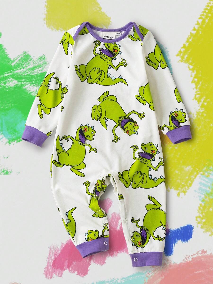 Nick 90s | SHEIN 男宝宝卡通绿色恐龙印花白色休闲可爱连体衣秋冬款 - 綠色 - 查看 1