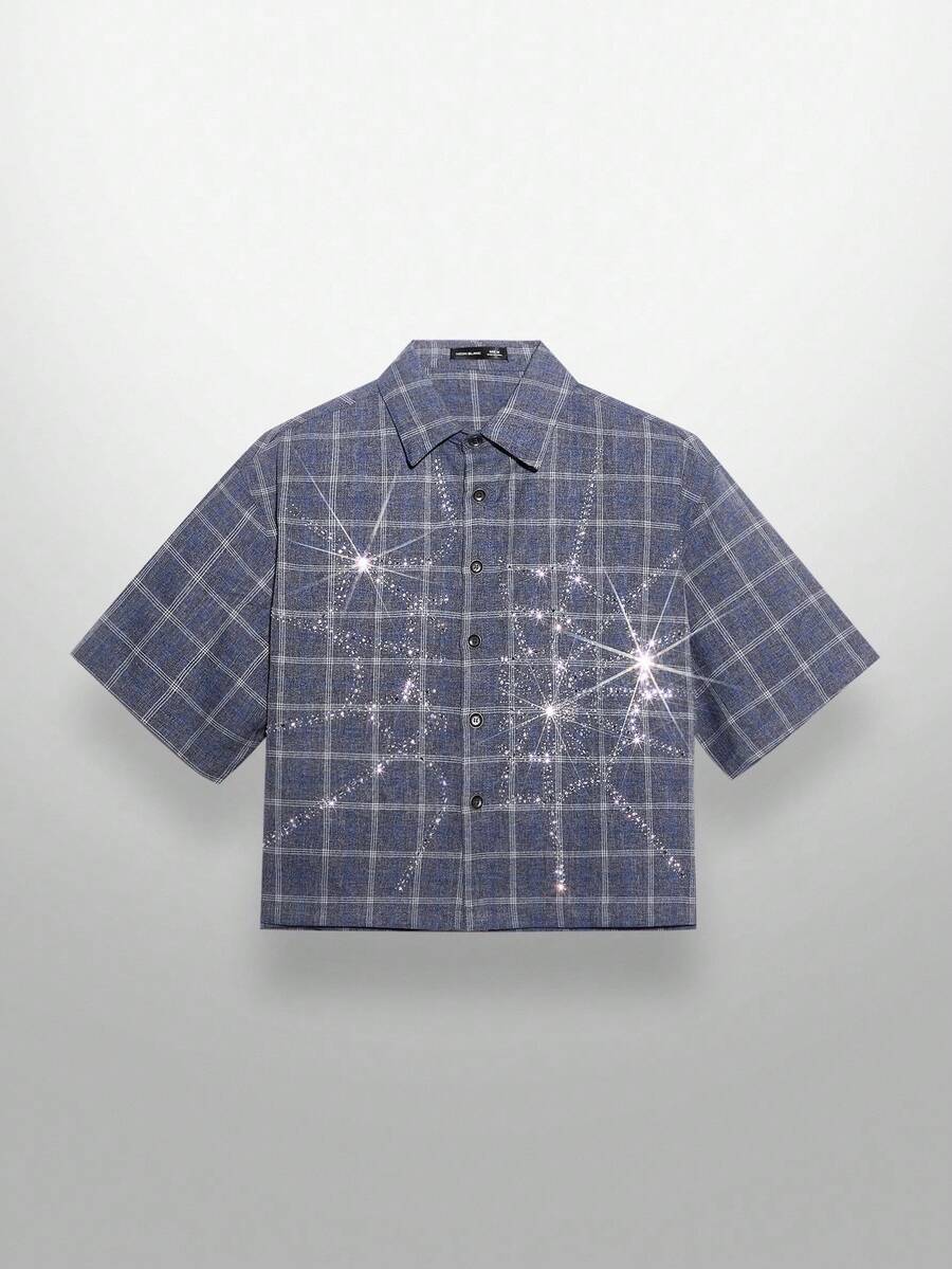 NEON BLANC Men's Street Fashion Woven Rhinestone Spider Web Plaid Short Sleeve Shirt, Halloween - Navy Blue - View 1