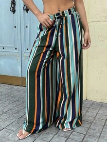 SHEIN ICON Women's Vacation Casual Colorblock Striped Wide Leg Pants