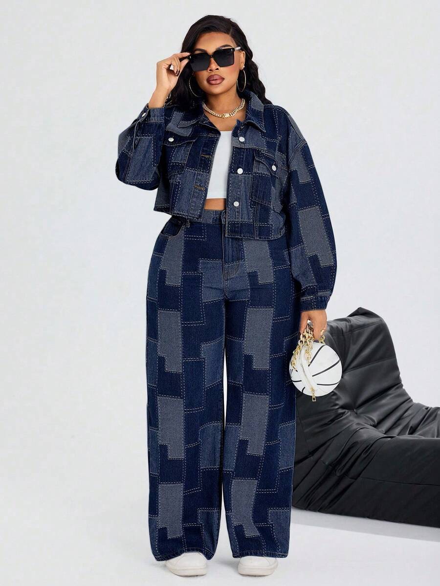 SHEIN SXY Áo khoác ngắn tay denim màu xanh dương không co giãn dành cho nữ cỡ lớn mùa đông, kiểu cao bồi mùa hè. - Rửa tối - Xem 1