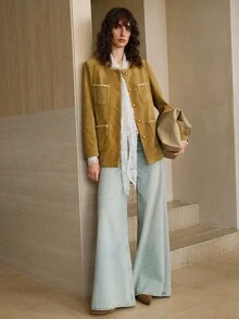 Arave 梭织纯色亮片蕾丝拼布金属纽扣装饰口袋圆领长袖插肩袖户外休闲通勤女春秋外套 - 卡其色 - 查看 2