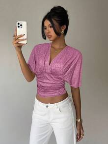 Aloruh Apricot Deep V Ruched Short Sleeve Tight Fitted Women T-Shirt - Burgundy - View 6