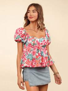 SHEIN VCAY Koszula damska z krótkim rękawem i dekoltem w serduszko, z nadrukiem kwiatowym, z nadrukiem bąbelkowym, na lato, dla kobiet - Różowy - Zobacz 1