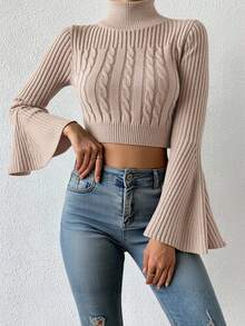 EURMUSE High Neck Cable Knit Flare Sleeve Crop Sweater - Pink - View 5