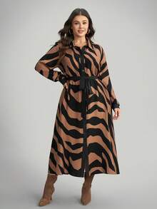 Comfylo Damen Große Größen Zebra-Muster Langarm Einreiher Lässig Hemdblusenkleid - Verschiedenfarbig - Übersicht 4