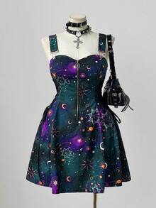 Sunspun 全新时尚百搭假日梦幻星空印花拼布荷叶边系带腰部装饰前拉链中长款吊带裙女式 - 霧霾藍 - 查看 6