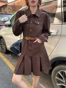DAZY Gaun Denim Lipit Saku Warna Polos Kasual Wanita, Cocok untuk Sekolah Musim Gugur - Coklat - View 5